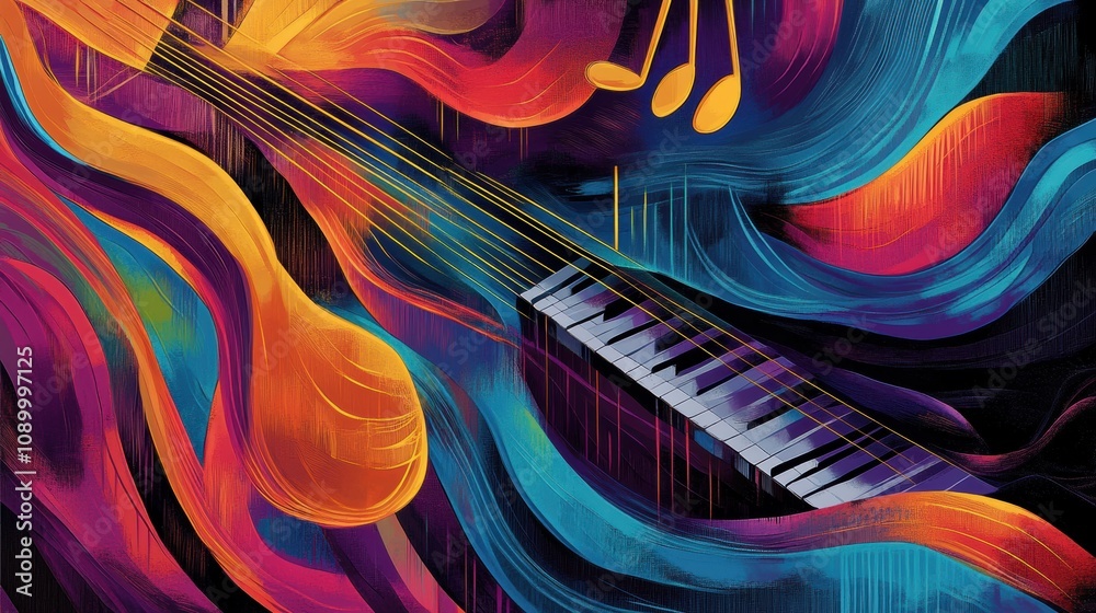 Fototapete colorful waves and musical elements intertwine, capturing the essence of sound and music in a dynami