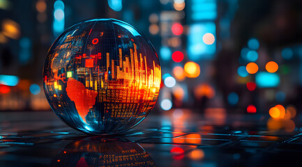 A glowing globe reflecting financial data against a vibrant city backdrop, showcasing a blend of technology and global connectivity.