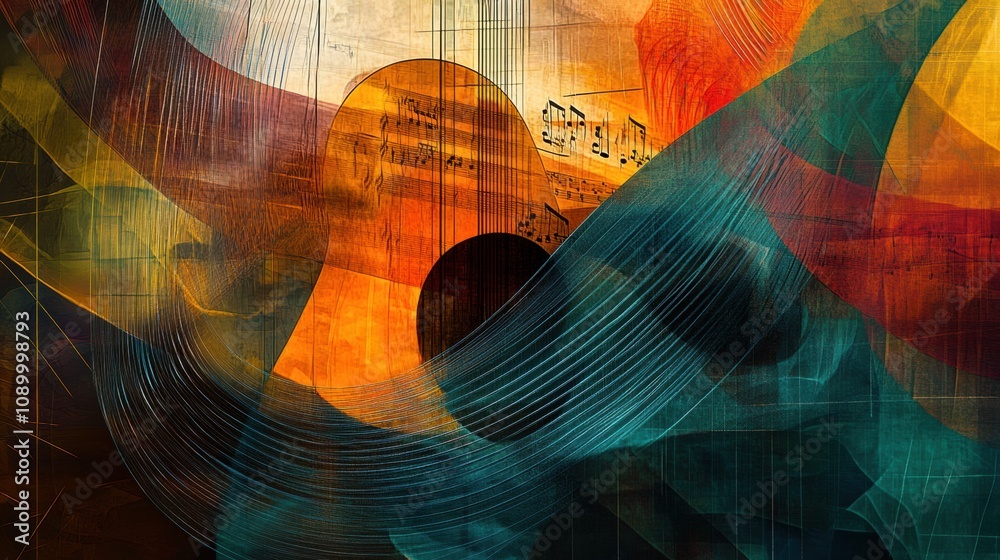 Aufkleber Vivid colors illustrate sound waves and musical notes intertwined with instruments, creating a dynamic and captivating visual experience. Generative AI