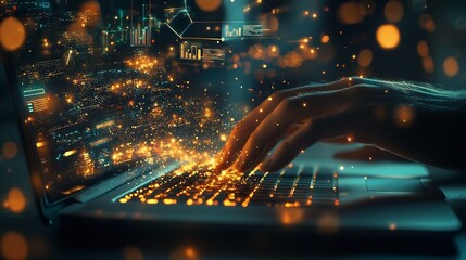 Hands Typing on Laptop with Workflow Optimization Icons Overlaid in Soft Natural Light