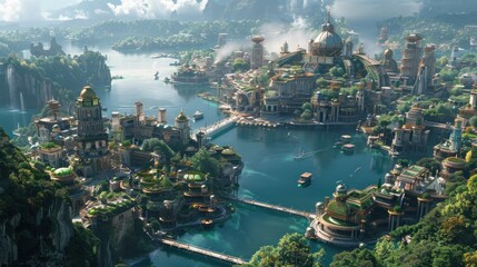 Fototapeta premium A picturesque fantasy city with lush greenery and waterways.