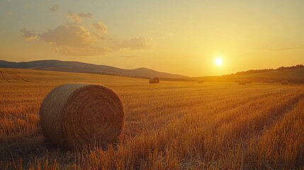 Golden Sunset Over Straw Bales in Open Field