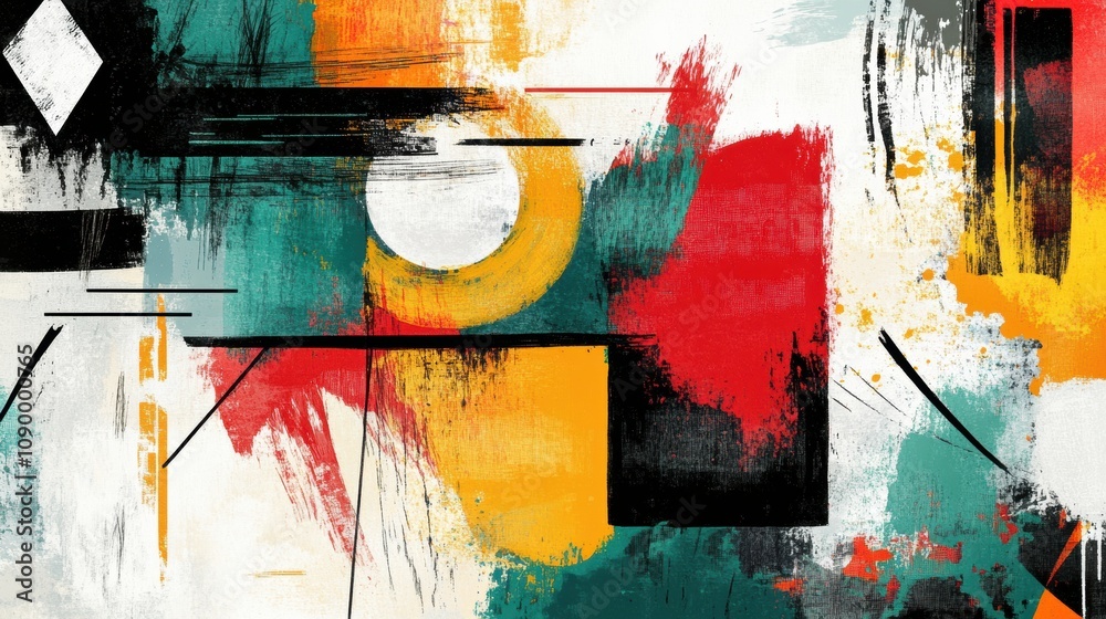 Poster Dynamic paint strokes blend with geometric shapes in vibrant hues, creating an engaging abstract composition that captures attention. Generative AI