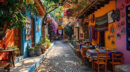 Naklejka premium Colorful cobblestone street lined with vibrant flowers and tables.