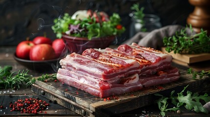 Obraz premium Raw Pork Ribs with Herbs and Spices on a Wooden Board