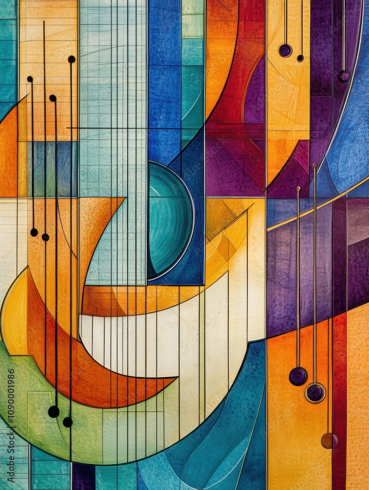 Aufkleber colorful shapes depict sound waves and musical elements, blending various hues to capture the essenc