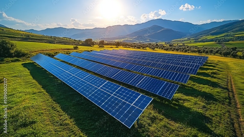 Poster a large array of solar panels stretches across a lush green field, absorbing sunlight under a clear 