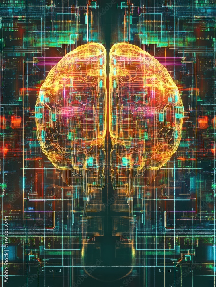 Aufkleber A vibrant, abstract digital brain with intricate circuits, symbolizing the evolution of technology and artificial intelligence. Generative AI