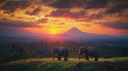 Dua mitra gajah liar Sri Lanka bermain di lapangan rumput di bawah matahari terbenam langit oranye 