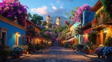 Obraz premium Vibrant street scene adorned with flowers and colorful buildings.