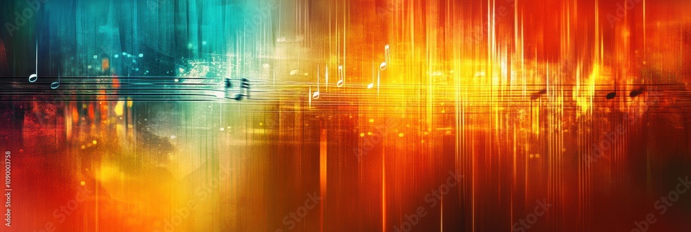 Poster colorful visual elements depict sound waves, musical notes, and instruments, showcasing the dynamic 
