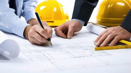 Collaborative Construction Planning with Professionals Analyzing Architectural Blueprints and Drawing Plans for a Building Project in an Office Environment