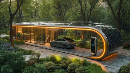 Obraz premium A sleek electric car is parked next to a futuristic charging station nestled in a tranquil green park, featuring innovative design and abundant nature.