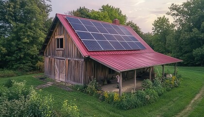 Obraz premium A person installing solar panels on the roof of a barn, Solar Installation, Green and responsible