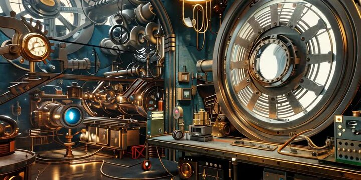 Intricate steampunk machinery in a retro-futuristic workshop, 4K . Video