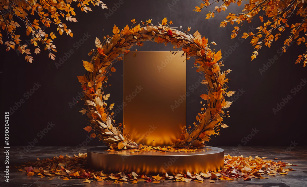 Poster a gold frame with a leafy wreath and a black background. the wreath is made of leaves and the frame 