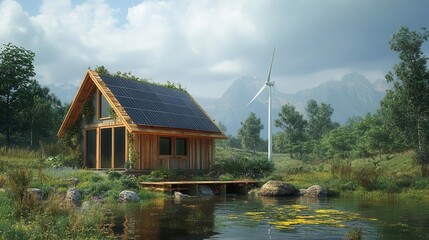Fototapeta premium A small wind turbine powering a remote farmhouse, OffGrid Energy, Independent and sustainable