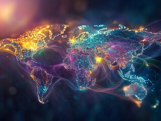 Vivid digital bitcoin integration with world map visualization global canvas graphic representation illuminated landscape digital art concept for modern finance