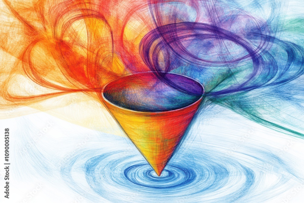 Fototapete Bright swirling colors converge to form a cone shape above calm rippling water, creating a captivating and dynamic visual experience. Generative AI