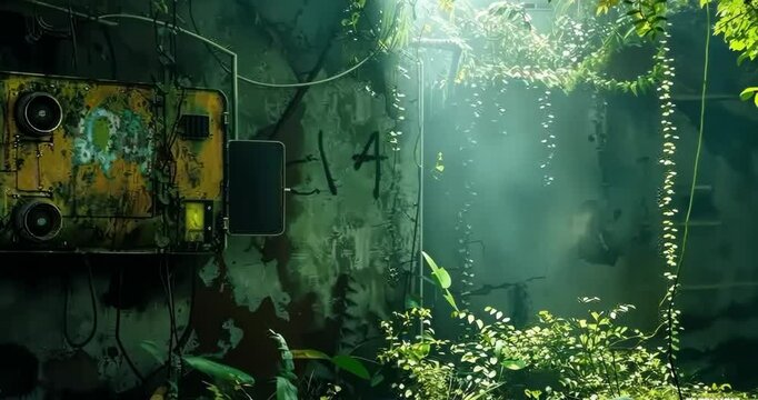 Futuristic urban decay with rusted technology, overgrown foliage, dramatic lighting, 4K Video