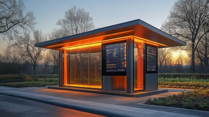 Obraz premium A contemporary bus shelter glows warmly at sunset, featuring sleek glass walls and digital display boards, situated in a peaceful park surrounded by trees.
