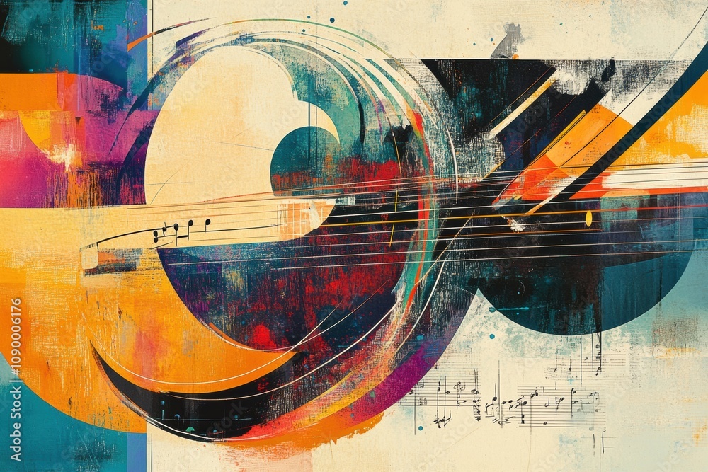 Aufkleber colorful representation explores the connection between sound waves, musical notes, and various inst
