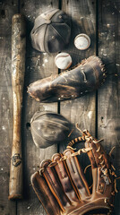 Naklejka premium A collection of vintage baseball equipment arranged on a wooden surface.