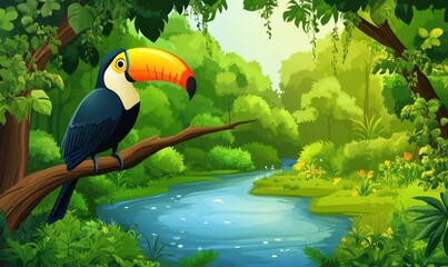 Fototapeta premium Toucan perched on branch in lush jungle, vibrant greenery, serene river flowing through forest