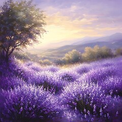 Fototapeta premium Lavender Field at Sunset with a Tree in the Foreground