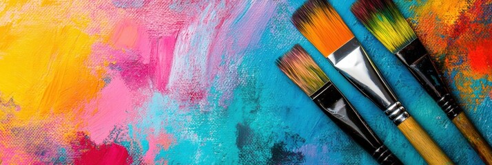 Fototapeta premium Colorful paint strokes blend seamlessly across the canvas while brushes rest nearby, showcasing a lively artistic process and creativity. Generative AI