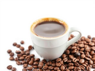 Obraz premium A cup of freshly brewed coffee latte surrounded by aromatic coffee beans, caffeine, coffee