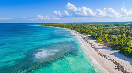 Obraz premium Aerial view of a pristine tropical coastline with turquoise waters