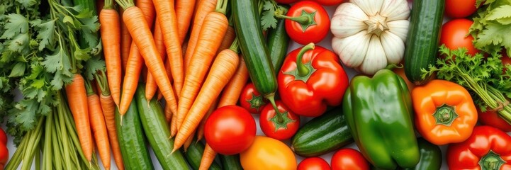 A variety of fresh, colorful, ripe vegetables including tomatoes, bell peppers, carrots, cucumbers, and lettuce, isolated on a white background, food, variety