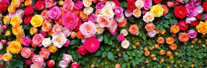 Obraz premium Beautiful wall background covered in a variety of stunning roses, creating a colorful and vibrant floral display, vibrant, decoration