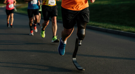 Group of athletes, including male runner with prosthetic leg, running on paved road