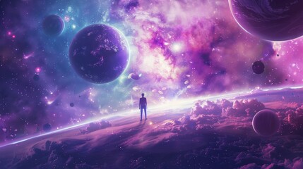 A person stands on the edge of an endless galaxy, surrounded by planets and stars. A cosmic background with bright purple and blue colors, subtle lighting that creates a dreamlike atmosphere.