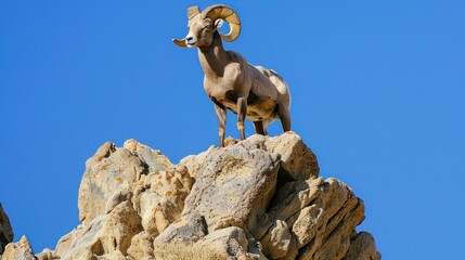 Photo of a bighorn sheep standing on a rock with a blue sky in the background, full body shot.