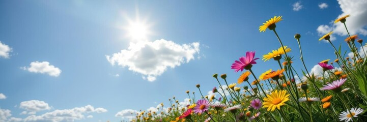 Fototapeta premium Vibrant field of dandelions under a clear blue sky, outdoors, colorful
