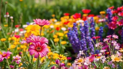 Obraz premium Vibrant Cosmos flowers in full blossom in a peaceful garden setting, garden, flora
