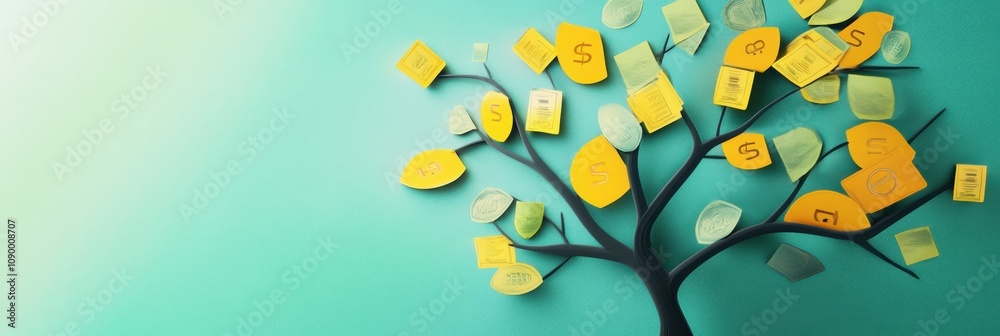 Aufkleber Branches stretch upward adorned with vibrant discount symbols and price tags instead of traditional leaves, creating a unique visual expression. Generative AI