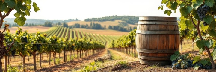 Naklejka premium Wine barrel and grape with vineyard in background, symbolizing winemaking industry and agriculture, harvest, scenic