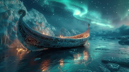 Fototapeta premium A mystical boat on icy waters under the northern lights.