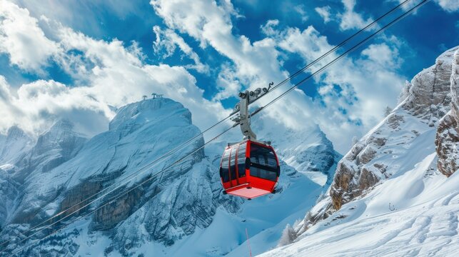 Cable car in the mountains on a snow-covered slope, The red and white colors of the cable car above the snowy peaks create the concept of winter sports. Wide angle view from below.