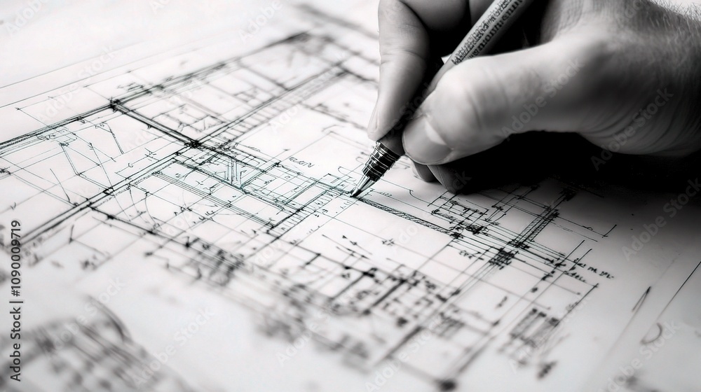 Poster detailed architectural design blueprint with hand sketching features for project planning and constr