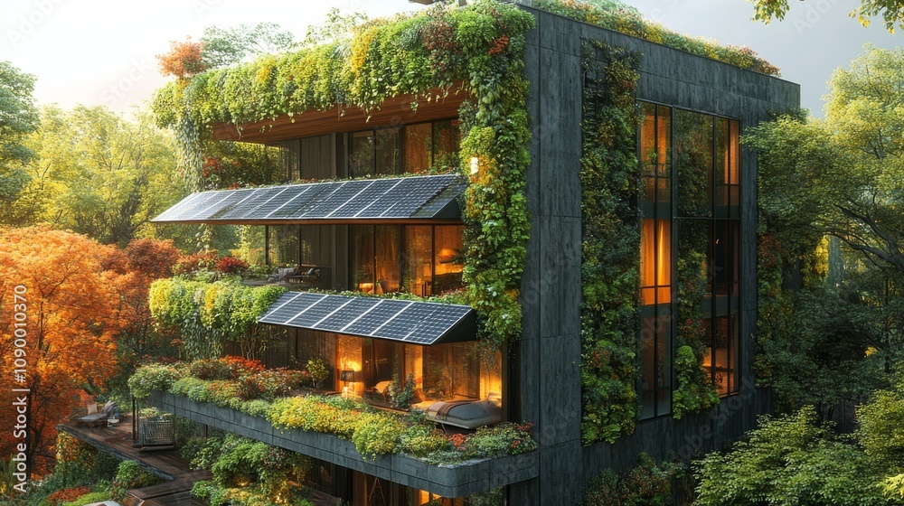 Poster A contemporary house features lush greenery draping over its balconies while solar panels collect sunlight. The surrounding trees display vivid autumn colors in a tranquil setting.