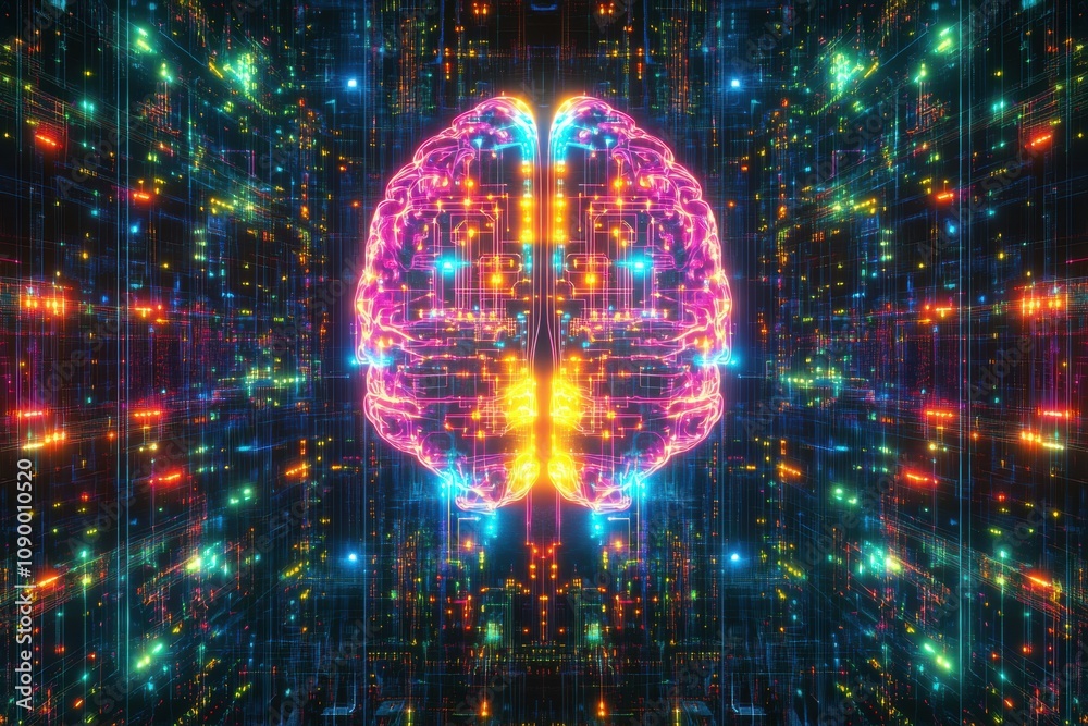 Fototapete a vibrant digital brain design showcases colorful lights and intricate patterns, representing comple