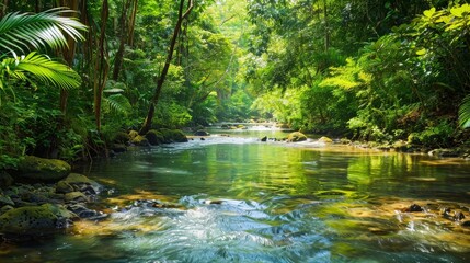 A picturesque landscape with a clear stream and lush greenery, representing natural conservation