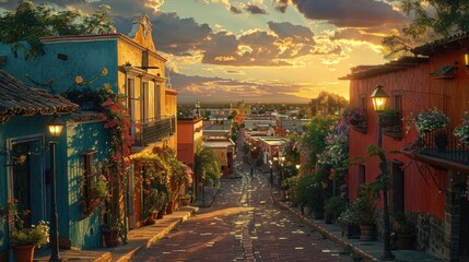 Fototapeta premium Vibrant sunset over a picturesque cobblestone street lined with flowers.