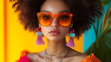 Fototapeta premium Fashion portrait of woman wearing sunglasses urban setting colorful background