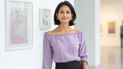 Indian woman wearing stylish blouse in a contemporary art gallery